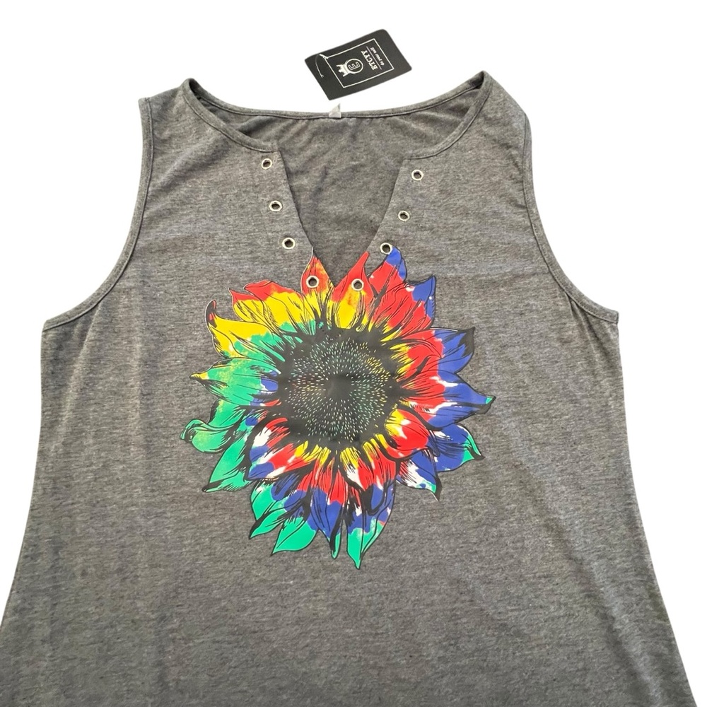 ETCYY Women Sleeveless V-Neck Tank Top Loose Fit Ring Hole Colorful Sunflower SM